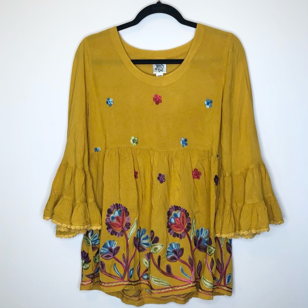 Ivy Jane Boho Yellow Floral Embroidered Tunic Top